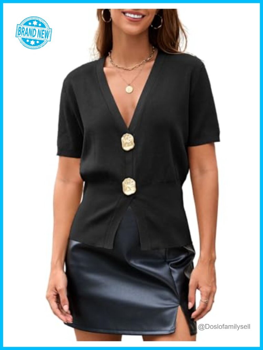 Tanming Women's V-Neck Button Up Short Sleeve Knit Sweater Top